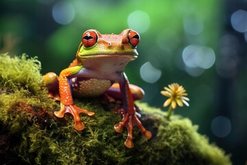 Green tree frog sitting on moss in the rainforest. Wildlife scene from nature.