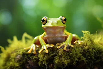 Rolgordijnen Green tree frog sitting on moss in the rainforest. Wildlife scene from nature. © Rudsaphon