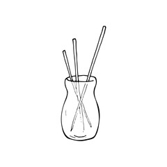 Hand-drawn Bottle With Aroma Sticks. Vector Illustration of Incense Sticks. Aroma diffuser with sticks for home on a white background.