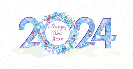Happy New Year 2024 beautiful postcard. Cute winter design. Snowy backdrop and creative number 20 24 with clipping mask and door wreath. Snowball with text template. Christmas decorative elements. - obrazy, fototapety, plakaty