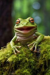Green tree frog sitting on moss in the rainforest. Wildlife scene from nature.