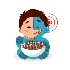 The robot child is eating bugs