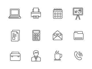 Set of office icons in linear style on a white background