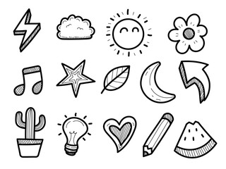 Set of miscellaneous doodle illustration on white background. Hand-drawn miscellaneous elements collection