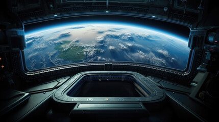 view from the eluminator window to planet earth in space.Generative AI