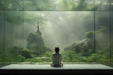 girl sits meditating in an isolated glass room in nature.Generative AI