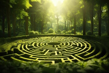 Beautiful green labyrinth in the forest in the light of the sun. Generated by artificial intelligence