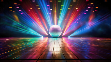 .glowing sparkling disco ball, multi-colored laser beams, stage and dance floor for roller skating. Generative AI - obrazy, fototapety, plakaty
