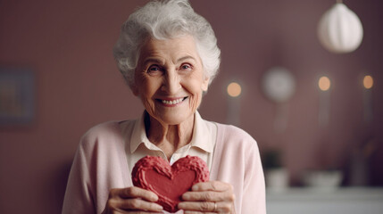 old woman,grandmother with gray hair holds heart cookies on a neutral background.Generative AI