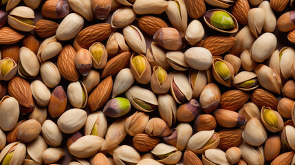 a lot of pistachios in the shell, almonds assorted nuts close-up texture, pattern. Generative AI - obrazy, fototapety, plakaty