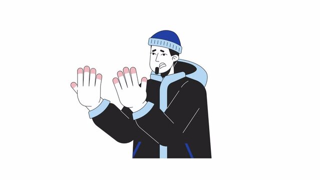 Suffering man with frostnip fingers line 2D character animation. Wintertime flat color cartoon 4K video, alpha channel. Winter clothes guy with frozen hands animated person on white background