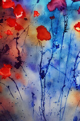 flowers Abstract watercolor painting on paper, blue, red, black colors, cinematic, Ai generated