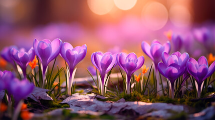 Purple crocus flowers with bokeh background.