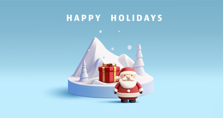 Christmas 3d render podium with white fir trees and Santa Claus with red gift box, show case stage or pedestal, modern cartoon illustration, advertising promo for products