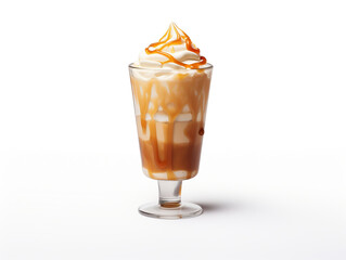 Coffee with cream and caramel on natural background.