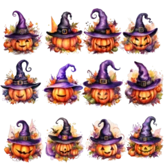 Stickers pour porte Crâne aquarelle watercolor colorful rainbow halloween cute pumpkin clipart, witch hat
