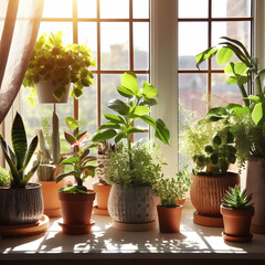 Indoor Plants in Pots on Window Sill at Sunny Day