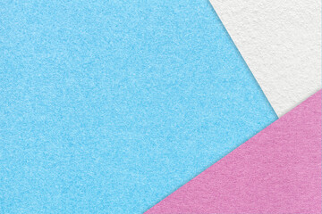 Texture of craft light blue color paper background with white and pink border. Vintage abstract sky cardboard.