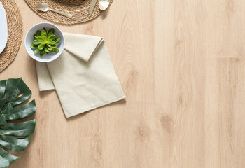 Top View of a Kitchen Flat Lay, Wooden Surface with Copy Space, Earthy Textures, Fiber Placemat,...