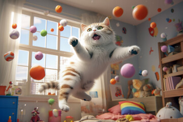 Close up of cute cat bold jump shot unfolds with toys or ball. The animal concept of funny and playing.