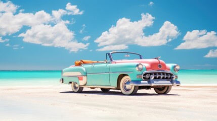 Colorful vintage car from 70s, white beach and beautiful blue sky

