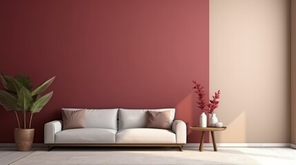 Maroon and beige color living room interior and walls design