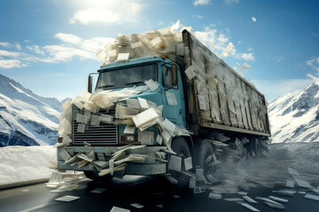 Generative AI illustration of truck loaded with paper to recycle