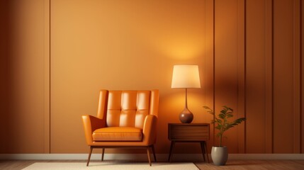 Minimal living room with bright orange warm color tone interior and wall
