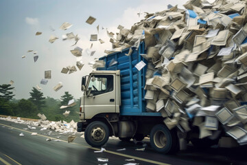 Generative AI illustration of truck loaded with paper to recycle