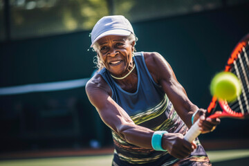 Generative AI illustration of Black old man playing tennis - obrazy, fototapety, plakaty