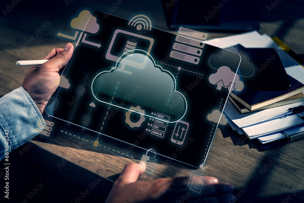 Poster businessmen work in cloud computing. cloud service computing and global communication cloud data tra