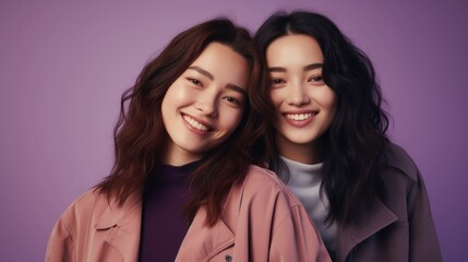 Two beautiful Asian friends wearing cool jackets, posing together and smiling

