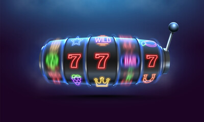Slot machine. Neon gaming symbols on slot machines. Vector illustration.
