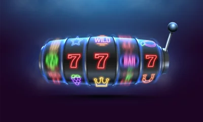 Foto op Canvas Slot machine. Neon gaming symbols on slot machines. Vector illustration. © Igor
