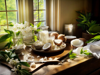 Homemade coconut milk preparation on sunny wooden kitchen table at window background