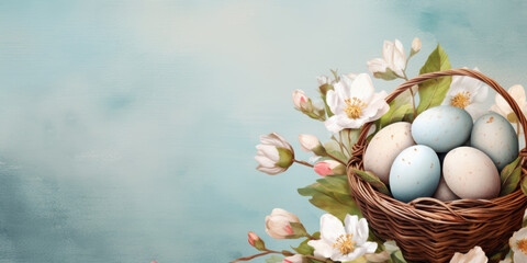 Painted easter egg basket with flowers. Banner background with copy-space.
