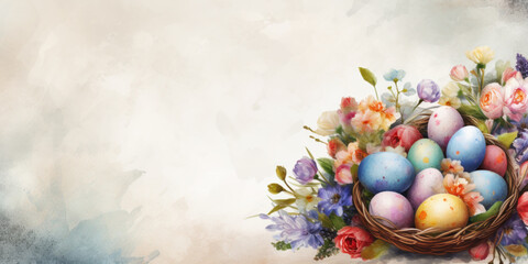 Naklejka na ściany i meble Painted easter egg basket with flowers. Banner background with copy-space.