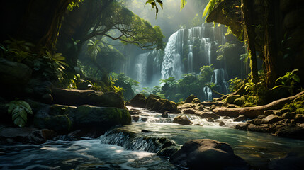 waterfall in the mountains, a waterfall in a lush forest
