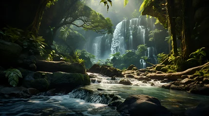 Fototapeten waterfall in the mountains, a waterfall in a lush forest © microtech