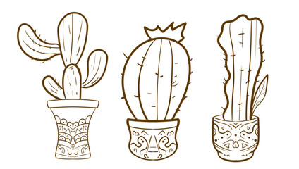 Hand drawn outline cactus set. Cactus plants nature elements cactus outline sketch. cactus drawing. cactus plants line art background.