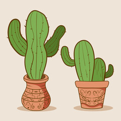 Plant room green cactus. Cute green cactus in flower pots Flat, cartoon style. Vector illustration white background. Element design.