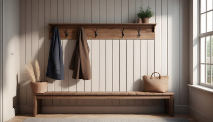 Wall-mounted coat rack above rustic bench. Farmhouse interior design of modern entrance hall living room created with generative ai