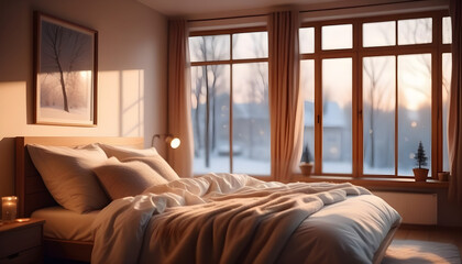 Warm bedroom with big window with midwinter view created with generative ai