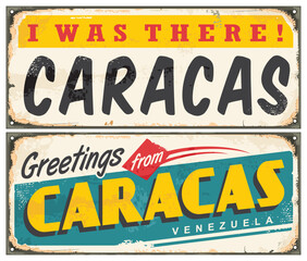Caracas Venezuela retro signs set on old metal texture. Travel and vacation vintage souvenir design. Greetings from Caracas vector card layout.
