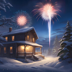 Fireworks In The Sky With House Covered With Snow Winter Background. Generative AI