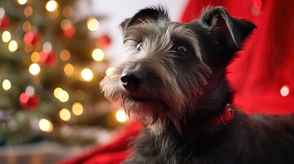 Christmas Scottish terrier background. Merry Christmas, Happy New Year concept. Cute Dog dressed in wearing festive outfit, xmas jackets, jumper..