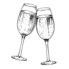 Two glasses of champagne vintage vector sketch illustration