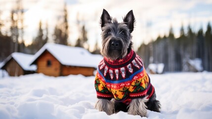 Christmas Scottish terrier background. Merry Christmas, Happy New Year concept. Cute Dog dressed in wearing festive outfit, xmas jackets, jumper.. - obrazy, fototapety, plakaty