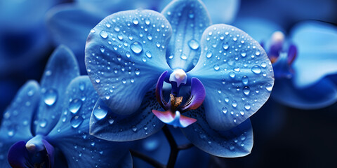 Fresh moth orchid blossom wet with dew Beautiful blue orchid flower on black background Blue orchids on a dark background Ai Generative