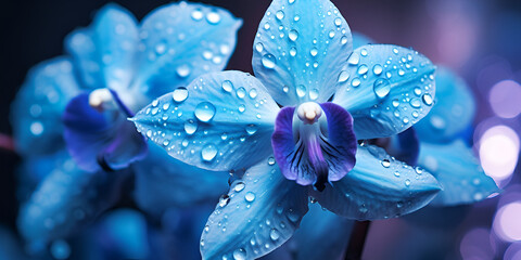 Blue flower orchid background stock There is a blue flower arrangement with purple flowers in a vase blue flowers with water drop on it Ai Generative